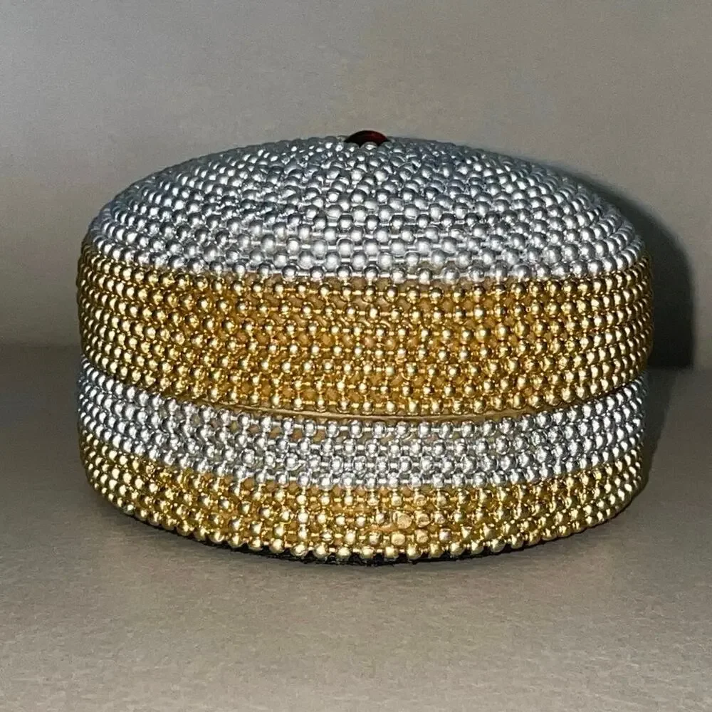 Vintage 1980s Beaded Round Trinket Box 2.75